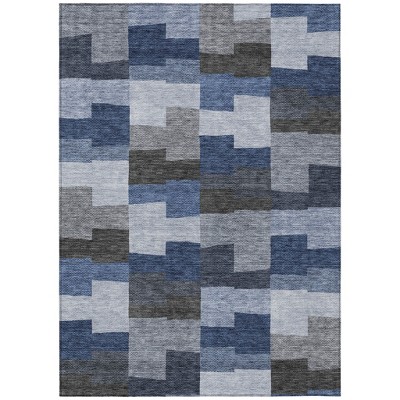 Navy Blue And Sky Blue Geometric Washable Indoor Outdoor Area Rug