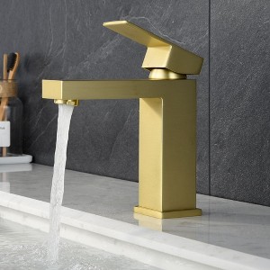 Kumasinova Brushed Gold Bathroom Faucet 1 Hole,Single Handle Bathroom Sink Faucet with Geometric Spout,Solid Brass Deck Mount Bathroom Faucets - 1 of 4
