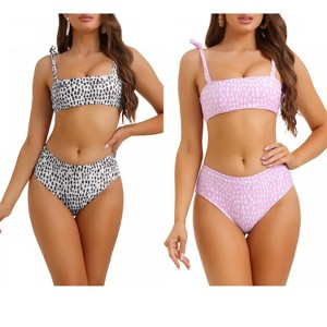 INSPIRE CHIC Women's Tie Shoulder Leopard Print Bandeau High Waist Swimwear Bathing Suits 2 Sets - 1 of 4