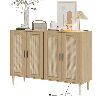 Sideboard Buffet Cabinet, 4 Rattan Doors Accent Storage Cabinet, Console Table Coffee Bar with Power Outlet