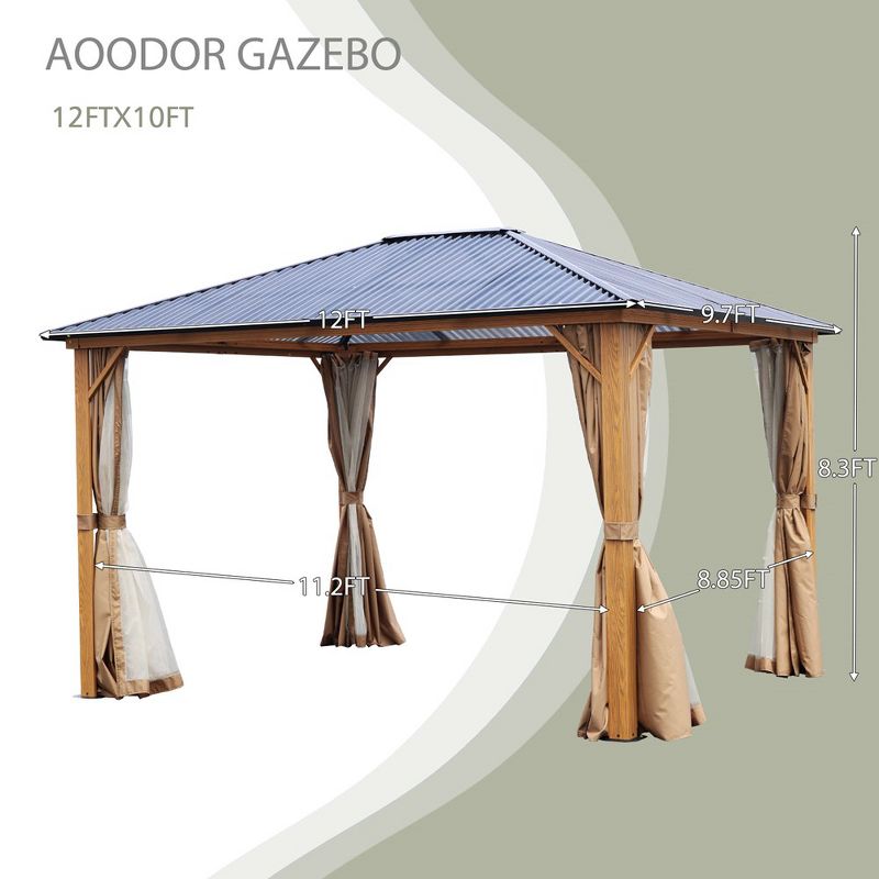 Aoodor Gazebo Polycarbonate Roof, Wooden Print Aluminum Frame With Mosquito Netting And Curtain, 2 of 11