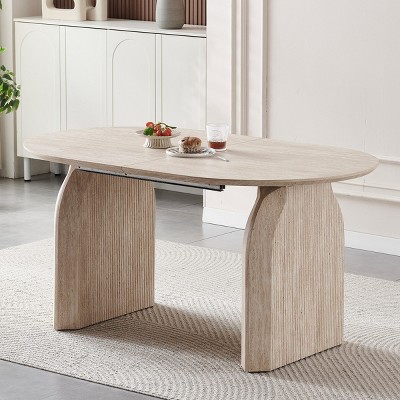 59-90" Extendable Modern Oval Dining Table with Dual Pillar Base,Space-Saving Wooden Table Seats 6-10 for Dining Room-Baofuwish