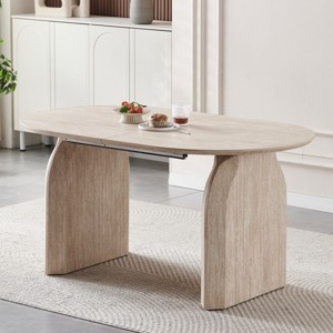 59-90" Extendable Modern Oval Dining Table with Dual Pillar Base,Space-Saving Wooden Table Seats 6-10 for Dining Room-Baofuwish - 1 of 4