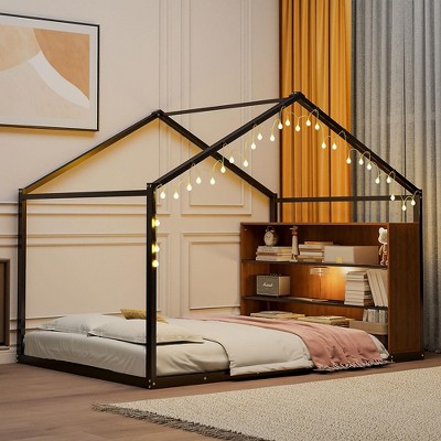 Twin/Full Size Metal House Bed Frame with Shelves and Lights - ModernLuxe