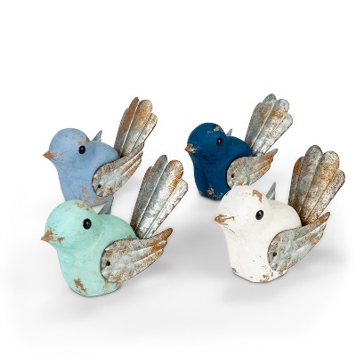 Lone Elm Studios Assorted-Color, Wooden Birds with Metal Wings with a Rustic Finish (Set of 4)