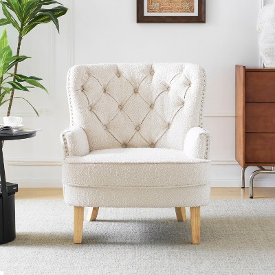 GDFStudio Geneva Mid Century Modern Tufted Boucle Club Chair, White/Dark Brown