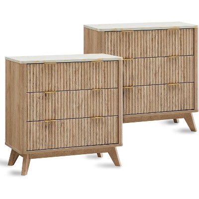 SinCiDo Modern 32" Tall Fluted Nightstand w/Faux Marble Top, Curved Profile, 3 Drawer Storage Bedside Tables for Bedroom, Living Room