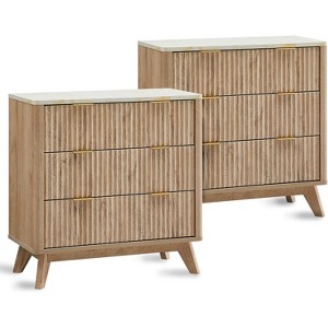 SinCiDo Modern 32"Tall Nightstand Set of 2, Fluted Curved Profile w/Faux Marble Top, 3 Drawer Storage Bedside Tables for Bedroom - 1 of 4