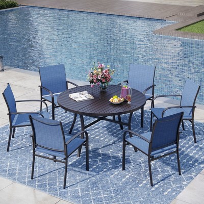 Captiva Designs 7pc Black Round Slatted Steel Table with Umbrella Hole & Textilene Chairs