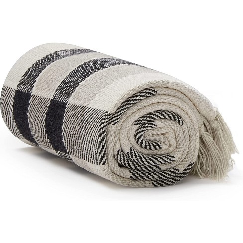 Americanflat 100 Cotton Throw Blanket for Couch 50x60 All Seasons Neutral Lightweight Cozy Soft Blankets. Black Cream Beige Plaid