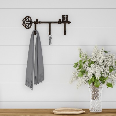 Decorative Skeleton Key Design Hooks-3-Pronged Cast Iron Shabby Chic Rustic Wall Mount Hooks for Coats, Hats, Jewelry, and More by Hastings Home