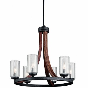 Grand Bank 22.5" 6 Light Chandelier with Clear Seeded Glass in Auburn Stained Wood and Distressed Black Metal - 1 of 3