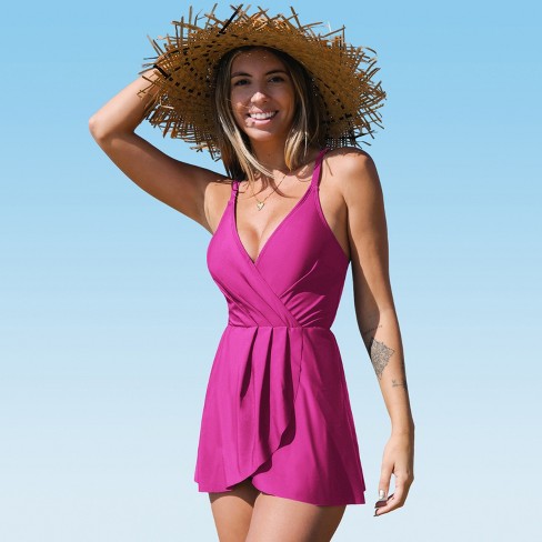 Women's Ruched Cross Back Swim Dress - Cupshe-S-Magenta