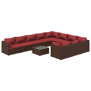 vidaXL 11pc Outdoor Patio Lounge Set with Cushions - Poly Rattan, Brown with Cinnamon Red Cushions - Modular Design, Weather & Water Resistant - 1 of 4