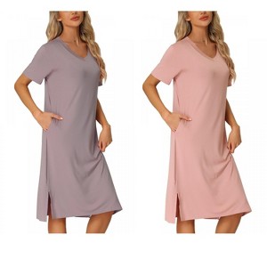 INSPIRE CHIC Women's 2 Pcs Split Hem Pajama Dress Casual V-Neck Short-Sleeve T-Shirt Dress Midi Nightshirt - 1 of 4