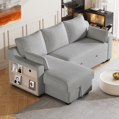 90" Pull Out Sleeper Sofa with Storage Chaise, L-Shaped Convertible Sofa Bed with Storage Racks and USB Ports 4M - ModernLuxe