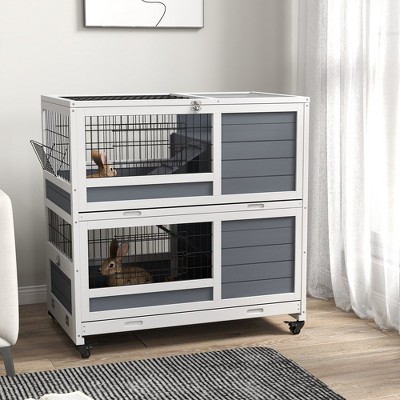 LOVMOR Indoor Rabbit Hutch with Wheels, 2-Tier Rabbit Cage, 35.5" Wooden Guinea Pig Cage with Feeding Trough