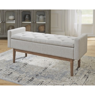 Beige and Brown Tufted Upholstered Storage Bench with Wood Legs