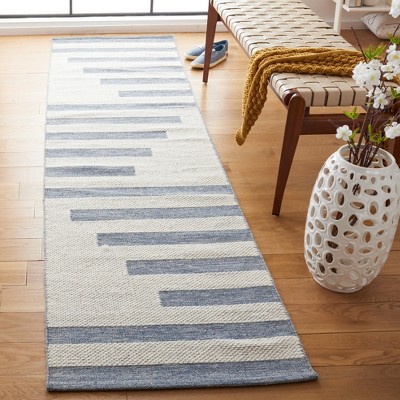 Ivory and Blue Handwoven Wool Kilim Runner Rug 2'3" x 9'