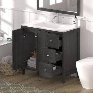 KWPZQEB 35.5'' Bathroom Cabinet with Sink Combo, Mid Century Modern Vanity with 3 Storage Darwers & 2 Doors, Storage Cabinet for Bathroom, Black - 1 of 4