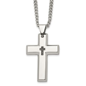 Black Bow Jewelry Men's Stainless Steel and Black Diamond Cross Necklace - 22 Inch - 1 of 4
