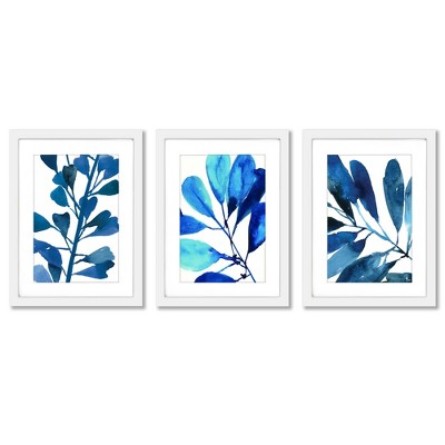 (set Of 3) Sapphire Stems By Pi Creative Art White Matted Framed ...