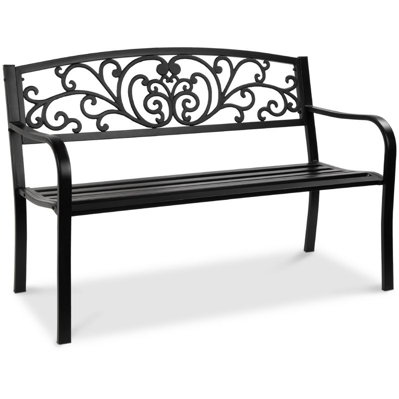 Best Choice Products Outdoor Steel Bench Garden Patio Porch Furniture w/ Floral Design Backrest, Slatted Seat, 1 of 11