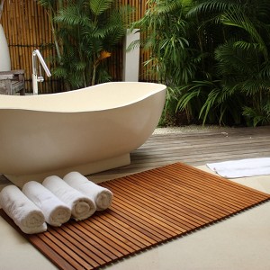 Nordic Teak 59" x 35" Extra Large Oiled Shower and Bath String Mat with Rubber Footing - Brown - 1 of 4