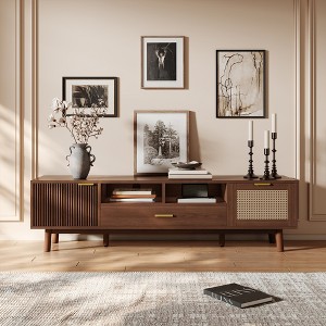 Modern 75" TV Stand with Soft-Closing Doors & Rattan Drawers, Stylish TV Cabinet with Drop-Down Storage, Farmhouse TV Consoles, Dark Brown - HABITRIO - 1 of 4