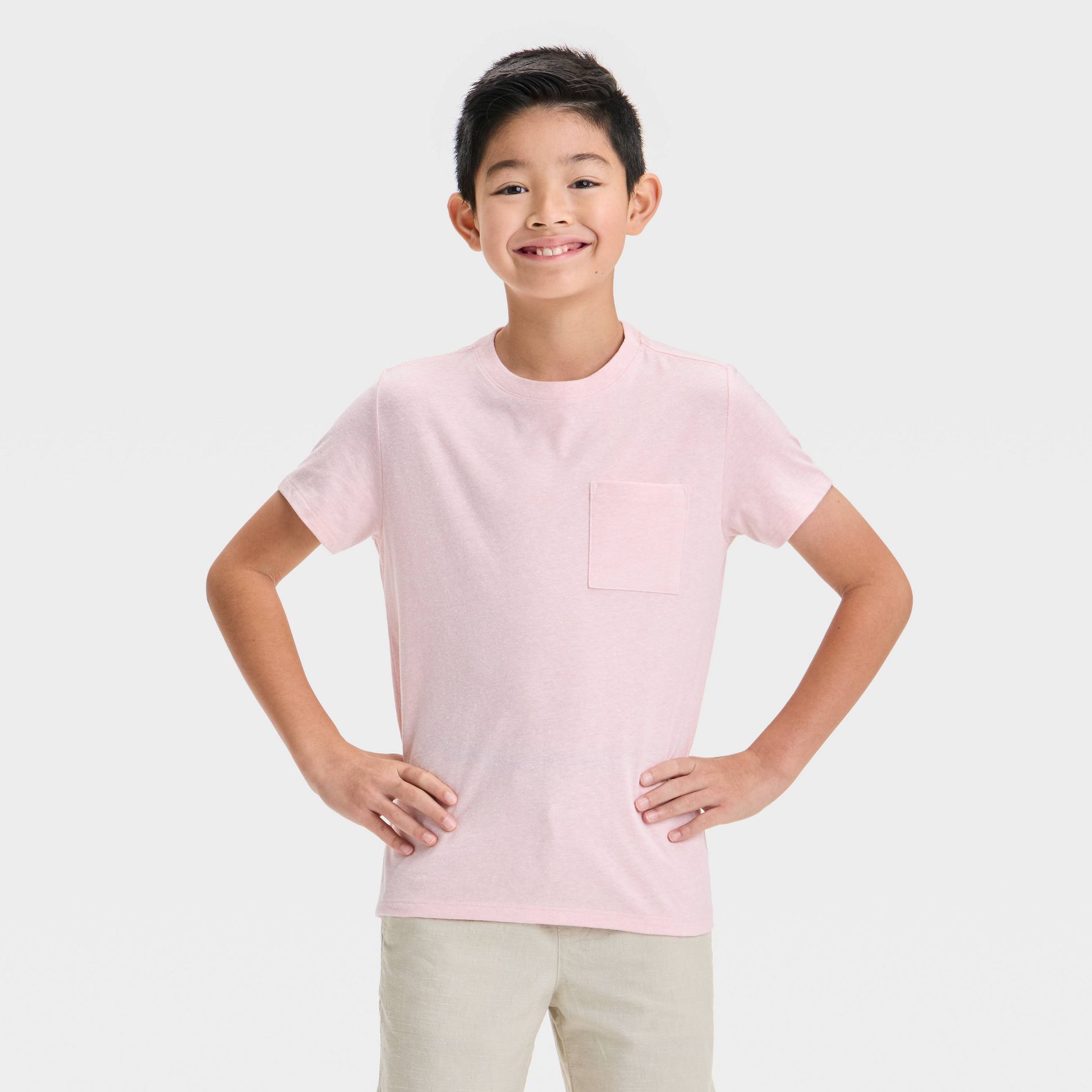 Boys' Short Sleeve Pocket T-Shirt - Cat & Jack™ Light Pink S: Cotton Blend, Recycled Polyester, Midweight Jersey Fabric