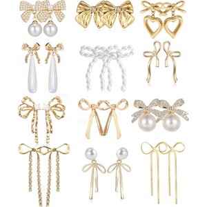 12 Pairs Crystal Rhinestone Pearl Kate Spade Bow Stud Earrings for Women Ribbon Fringe Waterfall Dangling Long Chain Bow Dangle Drop Tassel Earrings - 1 of 4