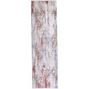 Gray Blue and Red Abstract Power Loom Area Rug With Fringe - 1 of 3