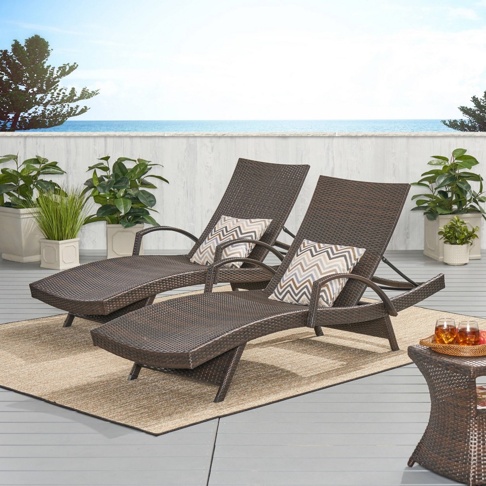 Salem Set of 2 Wicker Adjustable Chaise Lounge with Arms - Brown - Christopher Knight Home: UV & Weather-Resistant, Iron Frame