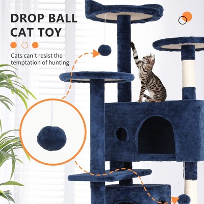 54in Navy Blue Multi-Level Cat Tree Tower with Faux-Fur Cover