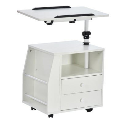 HomCom Modern End/Side Table for Living Room or Bedroom with a 360° Adjustable Height Tabletop & Storage Drawers White