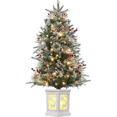 Artificial Christmas Tree Tabletop, Flocked Potted Christmas Tree with Berry Clusters, Battery Operated, for Front Door, Porch