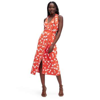 Women's Collared Sleeveless Ginkgo Cherry Tomato Sweaterknit Midi Wrap Dress - DVF for Target