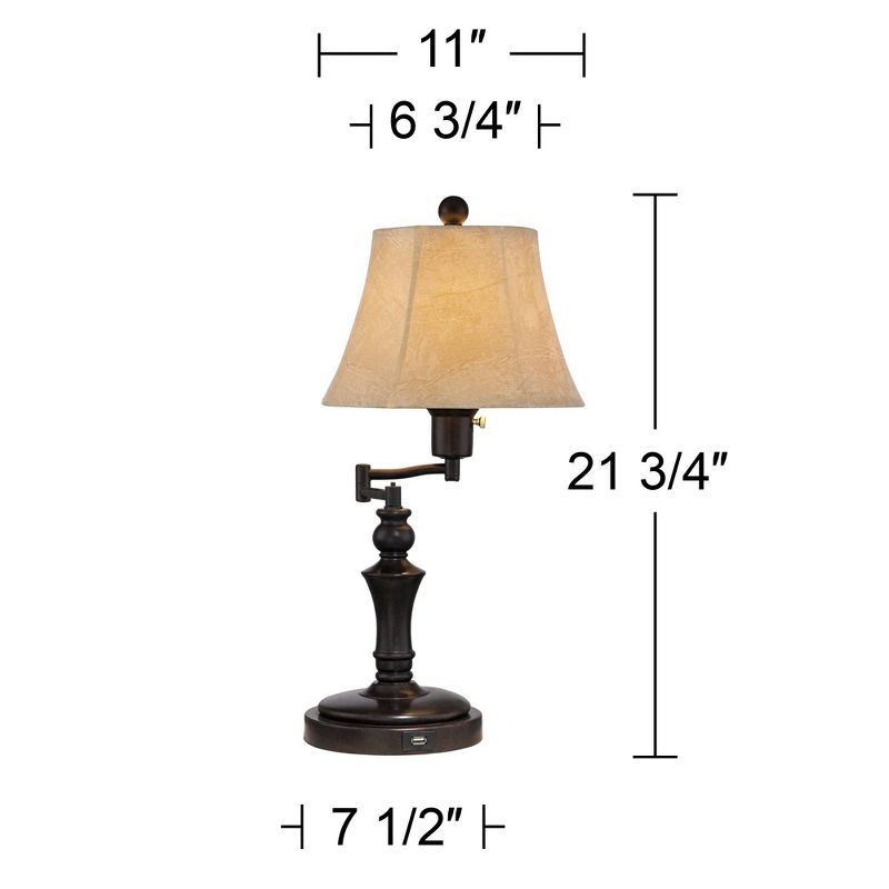 Regency Hill Traditional Swing Arm Desk Table Lamps 21.75" High Set of 2 with USB Port Bronze Metal Faux Leather Shade for Living Room Bedroom, 4 of 8