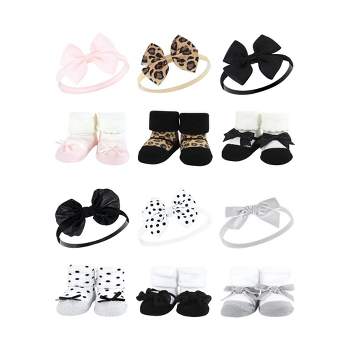 Hudson Baby Infant Girl 12Pc Headband and Socks Giftset, Leopard Black Silver, One Size