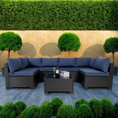 FURNIinspire Patio Seating Sets 7 Piece Outdoor Furniture Sets, Modern Wicker Sectional Sofa With Glass Coffee Table And Blue Seat Cushion , Black