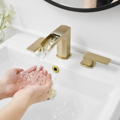 Brushed Gold 8-inch Widespread Double-Handle Waterfall Faucet Set