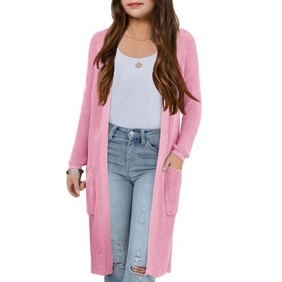 Girl's Long Cardigans Lightweight Sweater Knit Cardigan Open FrontLong Sleeve Shacket for Fall Longline Cardigan with Side Pockets,Pink - 2XL