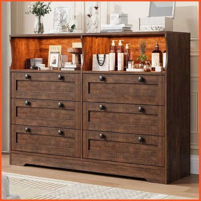 Homhougo Dresser for Bedroom, Large Dresser with 6 Drawer, 55 Inch Tv Stand Dressers, Wide Dressers & Chests of Drawers Antique Dark Color
