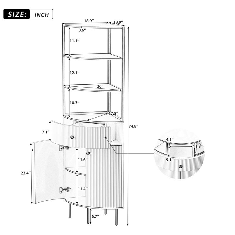 74.8"H Tall Corner Bookshelf, Fan-Shaped Wooden Standing Bookcase with Drawer and Cabinet 4M, White -ModernLuxe, 3 of 16