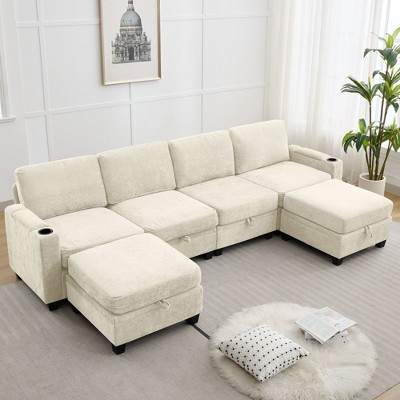 Hyleory 117.4" Modern Chenille Fabric Storage U-shaped Sectional Sofa,6 seater Couch with Double Ottomans for Living Room