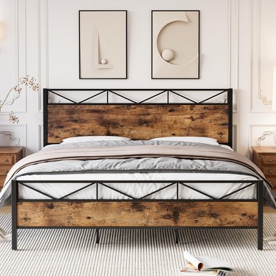 Metal Platform Bed Frame with Rustic Vintage Wood Headboard and Footboard