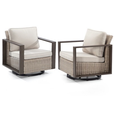 Beige Wicker and Steel Swivel Outdoor Lounge Chairs, Set of 2