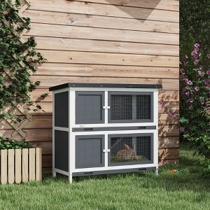 Akoasm Wooden Bunny Rabbit Crate & Cage With Removable Tray£¬Anti-Water Roof & Ramp For Indoor And Outdoor-Gray - 1 of 4