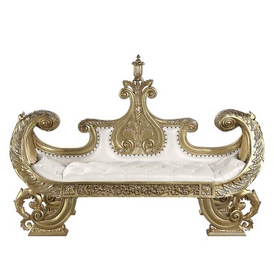 Bernadette White and Gold Synthetic Leather Bench with Intricate Scrollwork