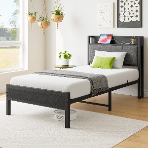 Lyngins Twin Size Platform Bed Frame with Storage Headboard ( 2 Outlets + 2 USB Ports), Under-Bed Storage, Gray Cotton Flax Upholstery - 1 of 4